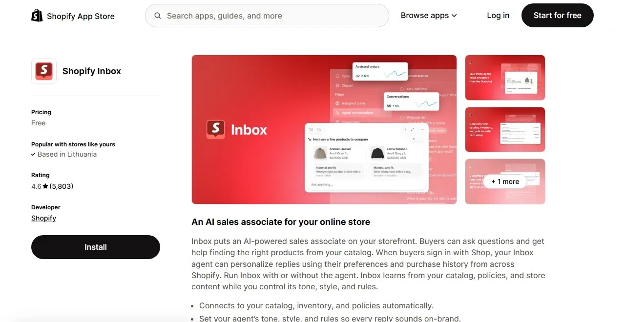 Shopify App Store page for "Shopify Inbox": the price "Free" and an "Install" button on the left, a description of the AI chat assistant on the right