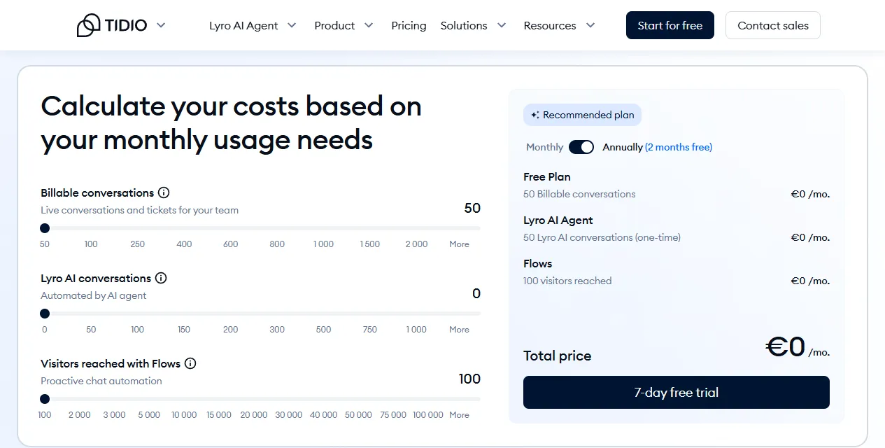 Tidio pricing calculator with sliders for "Billable conversations", "Lyro AI conversations" and "Visitors reached with Flows" and the total monthly price on the right