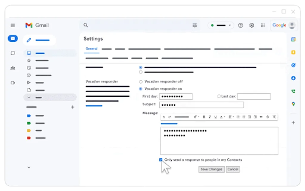 Gmail settings, General tab: "Vacation responder on" selected, the First day, Last day, Subject and Message fields, the "Only send a response to people in my Contacts" checkbox and the "Save Changes" button