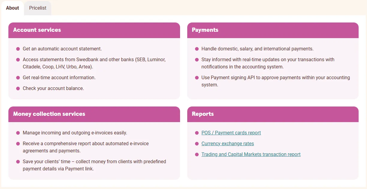 Swedbank Gateway page, "About" section: lists of Account services, Payments, Money collection services and Reports
