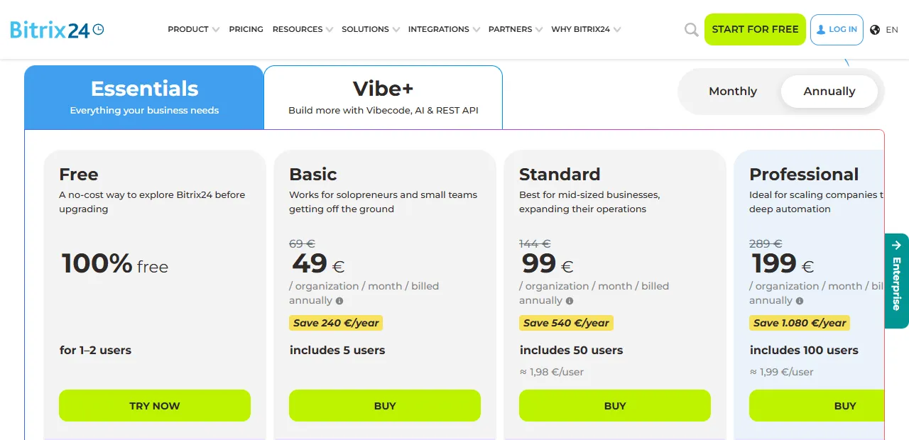 Bitrix24 pricing page: Free for 1–2 users, Basic €49, Standard €99, Professional €199 per organization per month, billed annually