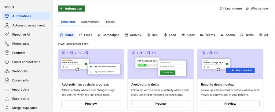 Pipedrive automations page: the "Tools" menu on the left with "Automations" selected, a "+ Automation" button at the top and templates below, such as "Add activities as deals progress"