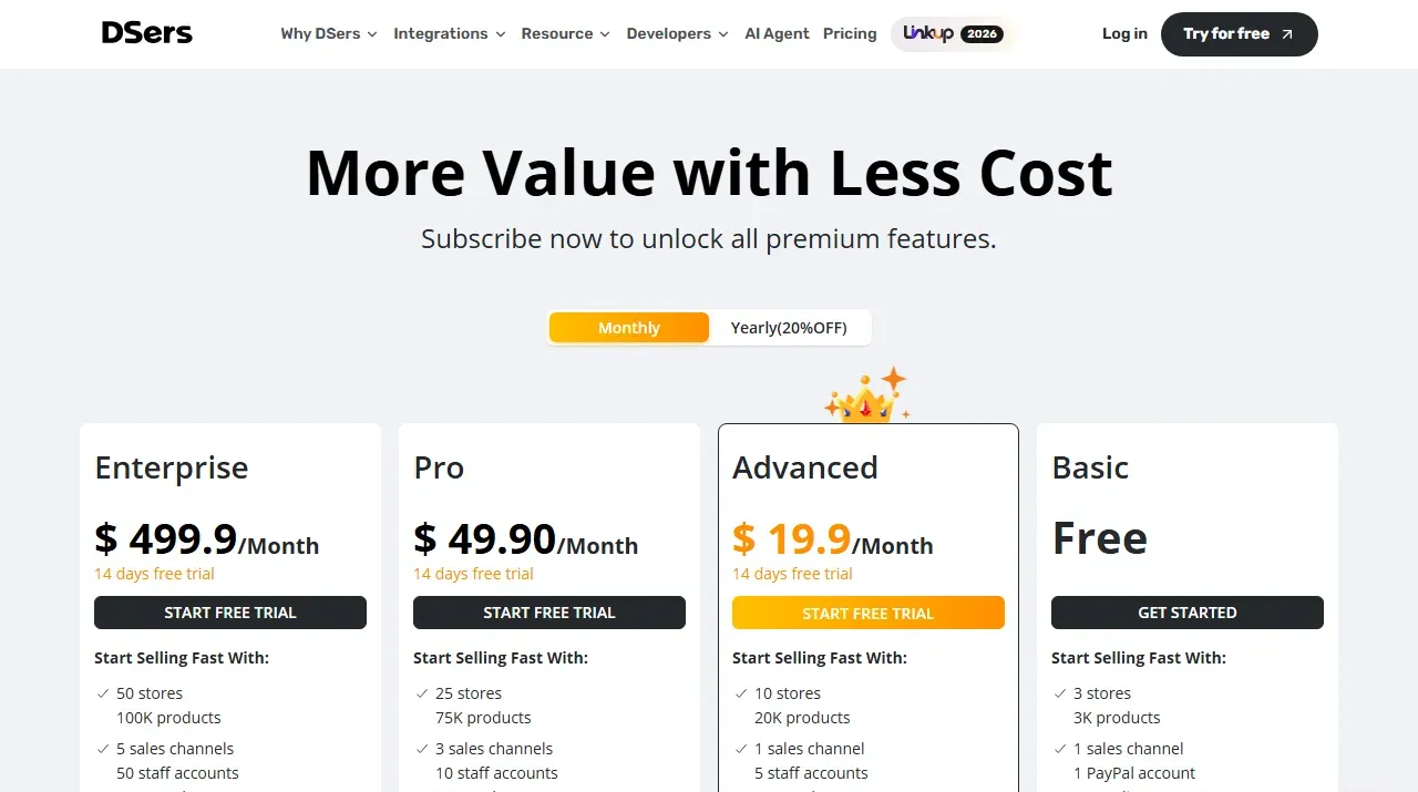 DSers pricing page: Enterprise $499.9, Pro $49.90, Advanced $19.9 per month and the free Basic plan