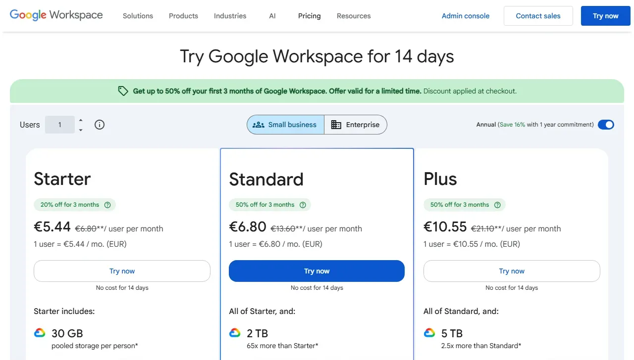 Google Workspace kainų puslapis: Starter, Standard ir Plus planai su perbrauktomis įprastomis kainomis 6,80, 13,60 ir 21,10 € ir laikinomis nuolaidų kainomis