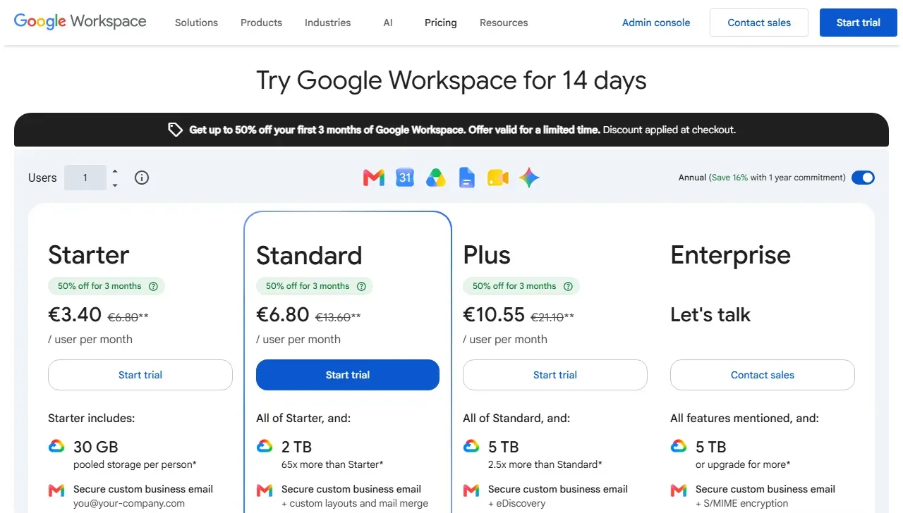 Google Workspace pricing page: Starter, Standard, Plus and Enterprise plans, crossed-out regular prices of €6.80, €13.60 and €21.10 and temporary discounted prices