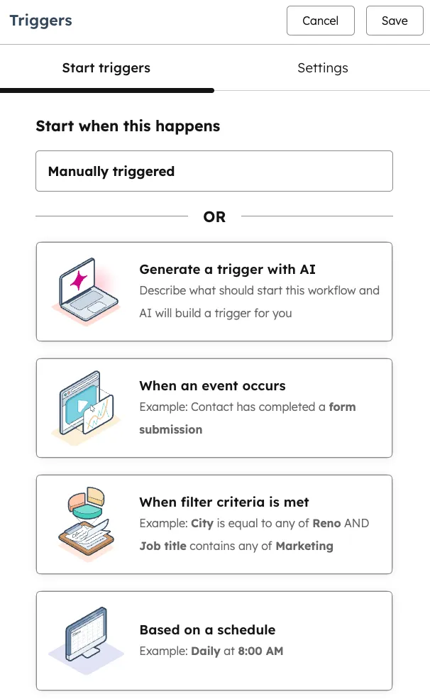 HubSpot workflow trigger panel "Start when this happens" with the options: Generate a trigger with AI, When an event occurs, When filter criteria is met, Based on a schedule