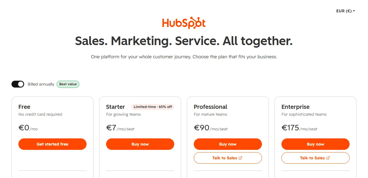 HubSpot pricing page in euros: Free €0, Starter €7/month per seat with a limited-time discount, Professional €90, Enterprise €175 billed annually