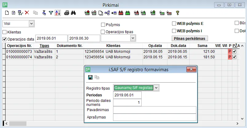 Rivile GAMA purchase list with an operation date filter and the open "i.SAF invoice register generation" window: register type "Received invoices register", period and period part number (training data, Lithuanian interface)