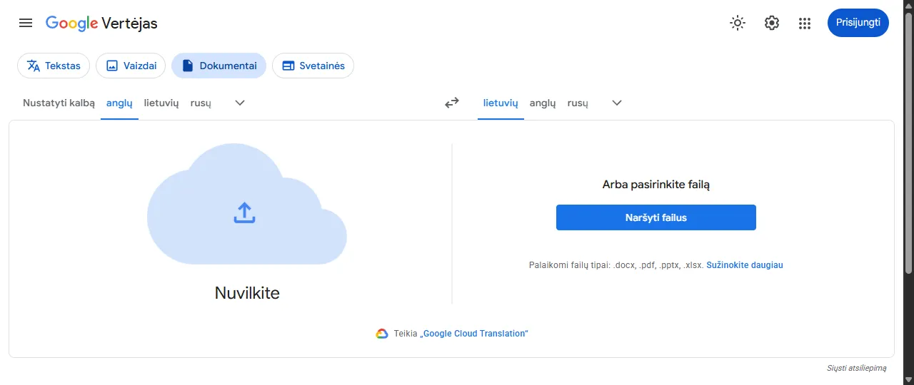 Google vertėjo skiltis „Dokumentai“: pasirinktas vertimas iš anglų į lietuvių, mygtukas „Naršyti failus“, palaikomi failai .docx, .pdf, .pptx, .xlsx