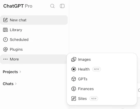 ChatGPT šoninis meniu: New chat, Library, Scheduled, Plugins ir atidarytas More meniu su punktais Images, Health, GPTs, Finances ir Sites