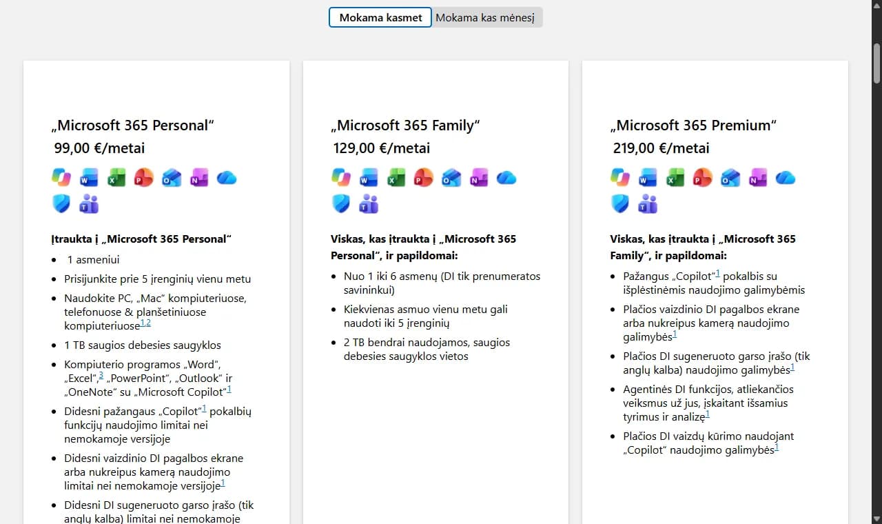 Microsoft 365 planų palyginimas Lietuvai: Personal 99,00 €/metai, Family 129,00 €/metai, Premium 219,00 €/metai, su Copilot funkcijų sąrašu