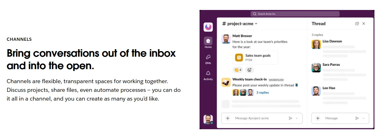Example of the Slack interface: the #project-acme channel with messages, an automatic Workflow message and an open thread on the right