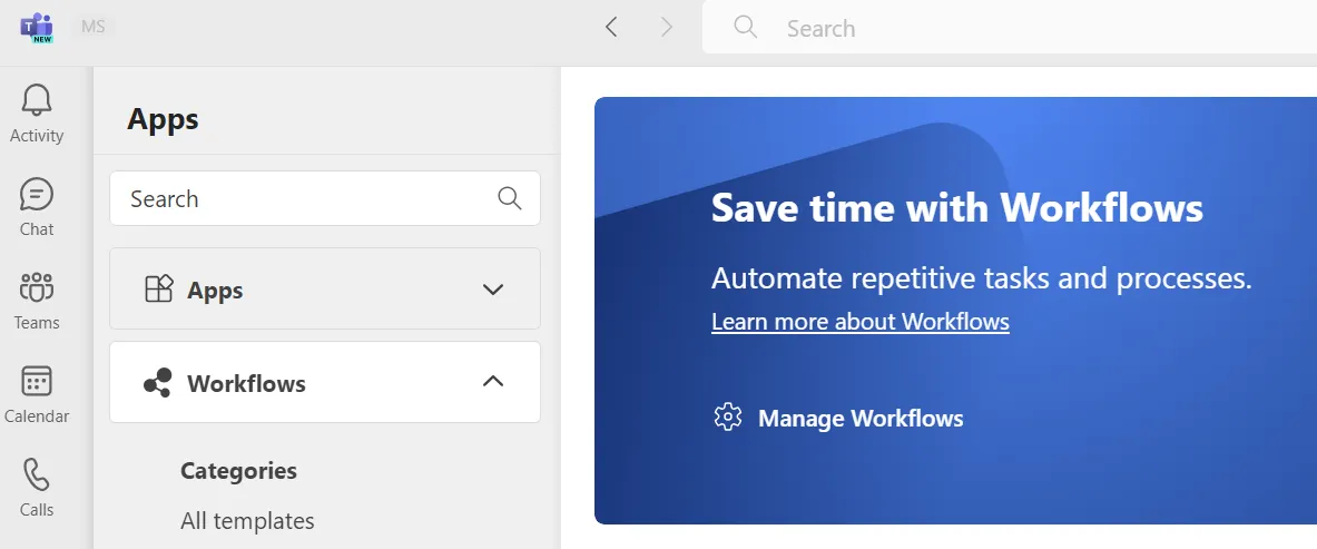 Microsoft Teams apps section: "Workflows" open on the left with categories and "All templates", the "Manage Workflows" button on the right