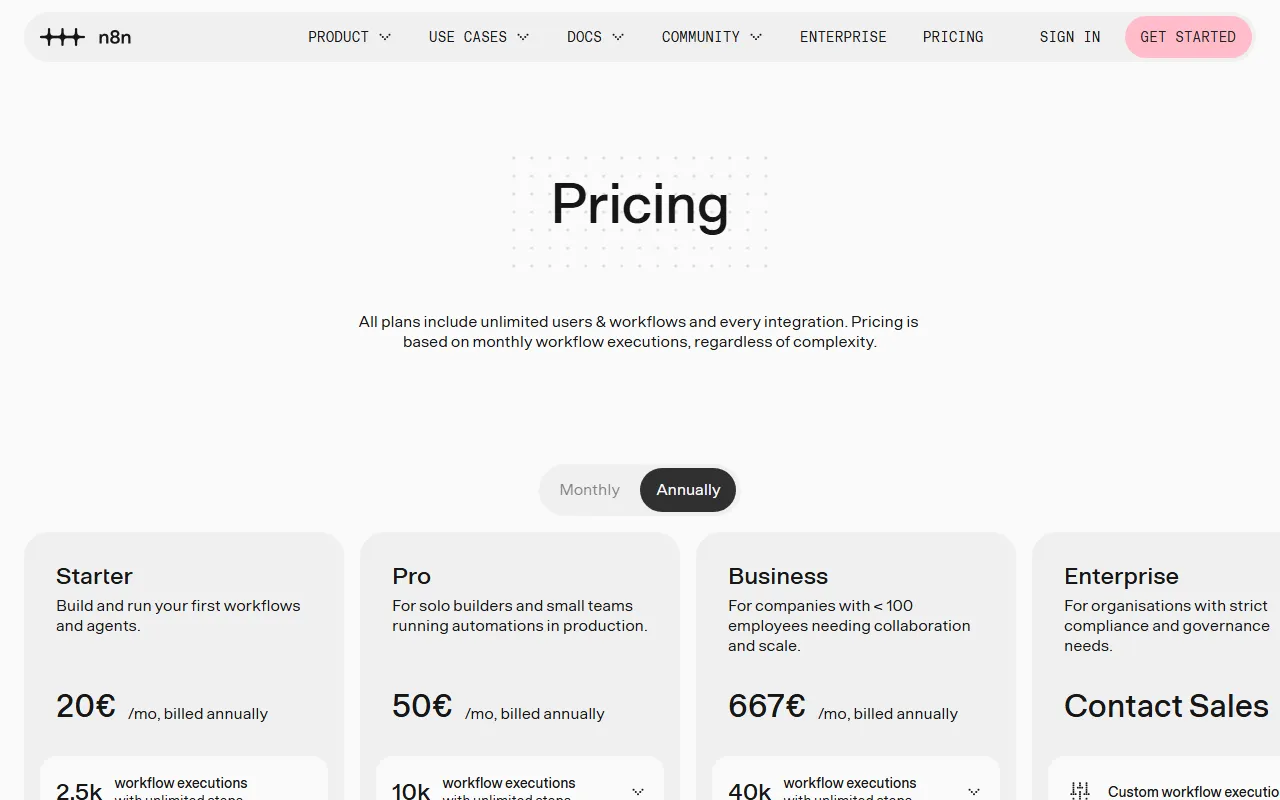 n8n Cloud kainų puslapis: Starter 20 €/mėn., Pro 50 €/mėn., Business 667 €/mėn. mokant metams, Enterprise pagal užklausą