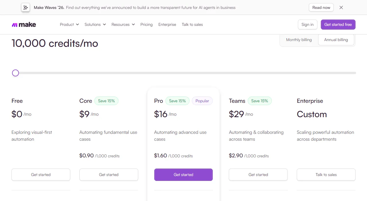Make pricing page: Free $0, Core $9/month, Pro $16/month, Teams $29/month for 10,000 credits billed annually