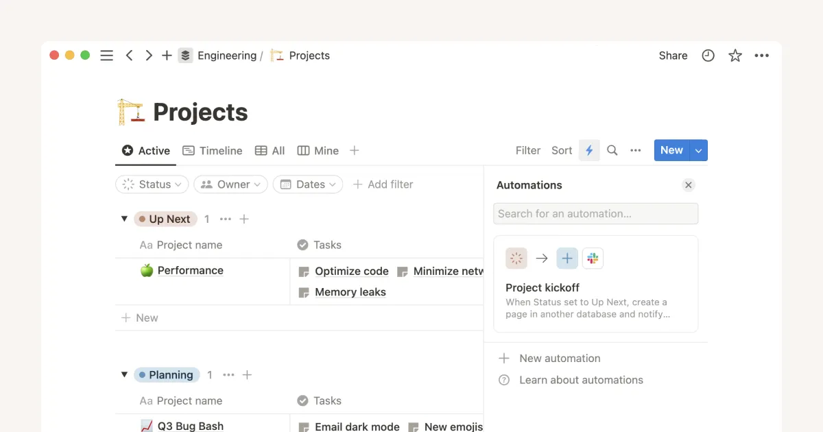 Notion database "Projects": clicking the lightning icon opens the "Automations" panel with a "Project kickoff" automation and a "New automation" button