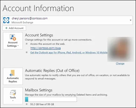 Classic Outlook "File" menu, "Account Information" screen: a Microsoft Exchange account and the "Automatic Replies (Out of Office)" button