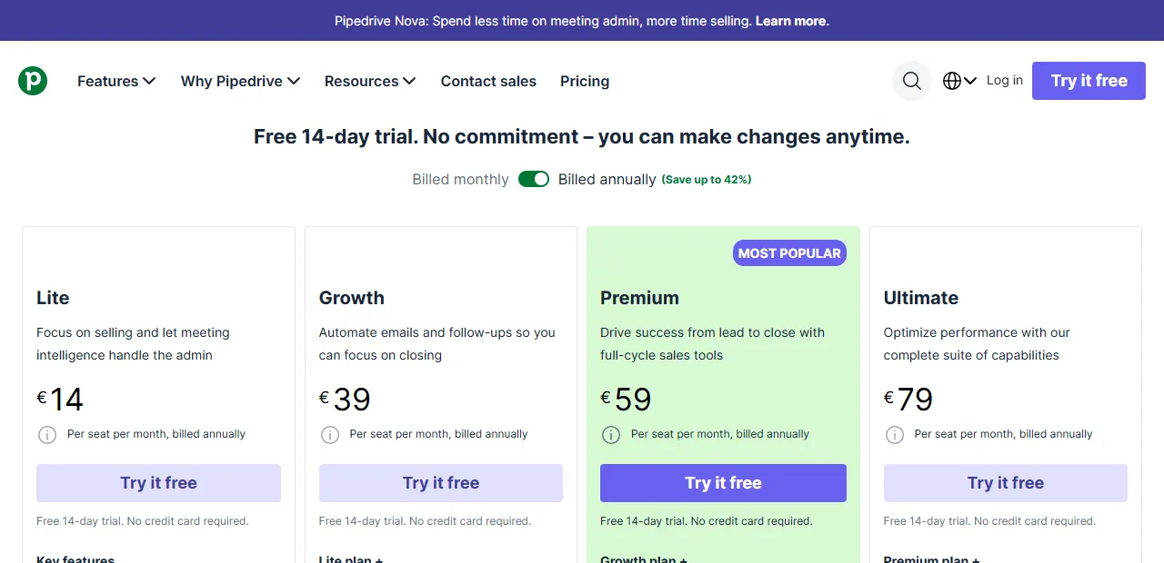 Pipedrive pricing page in euros: Lite €14, Growth €39, Premium €59, Ultimate €79 per user per month billed annually
