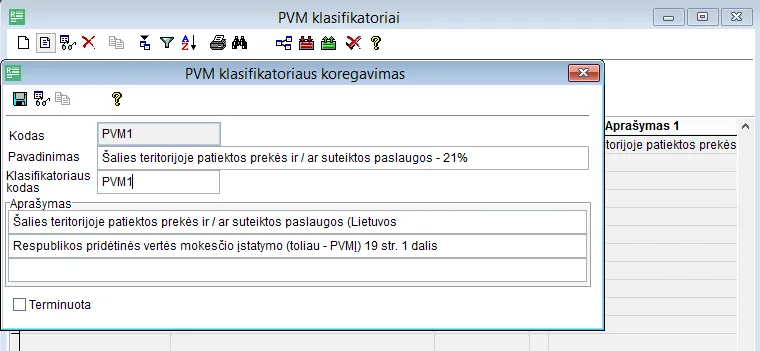 Rivile GAMA "Edit VAT classifier" window: code PVM1, name "Goods supplied and/or services provided in the country – 21%", classifier code PVM1 and a description referring to Article 19(1) of the VAT Law