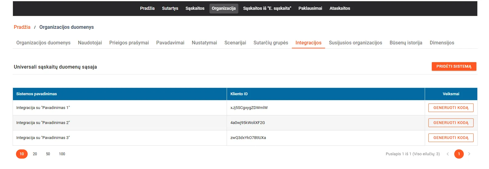 SABIS išorinis portalas: meniu „Organizacija“, skirtukas „Integracijos“, mygtukas „Pridėti sistemą“ ir lentelė su sistemų pavadinimais, kliento ID ir mygtukais „Generuoti kodą“ (pavyzdiniai duomenys)