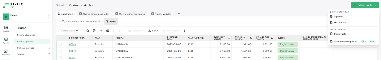 Rivile ERP pirkimų sąskaitų sąrašas su atidarytu meniu „Sukurti naują“: Sąskaita, Grąžinimas, Importuoti ir „Skaitmeninti sąskaitą“ su žyma AI beta; įrankių juostoje mygtukas i.SAF (mokomieji duomenys)