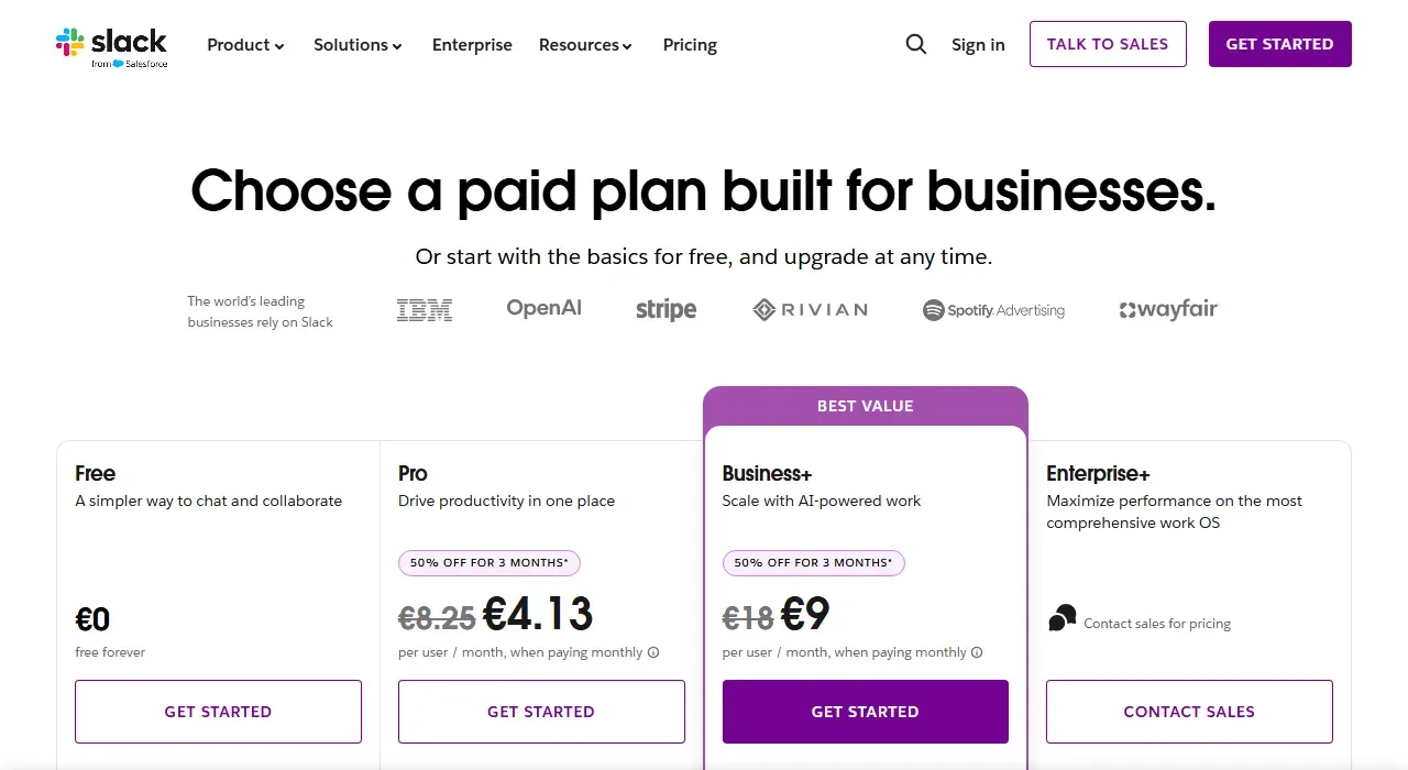 Slack pricing page in euros: Free €0, Pro €8.25, Business+ €18 per user per month and Enterprise+ on request