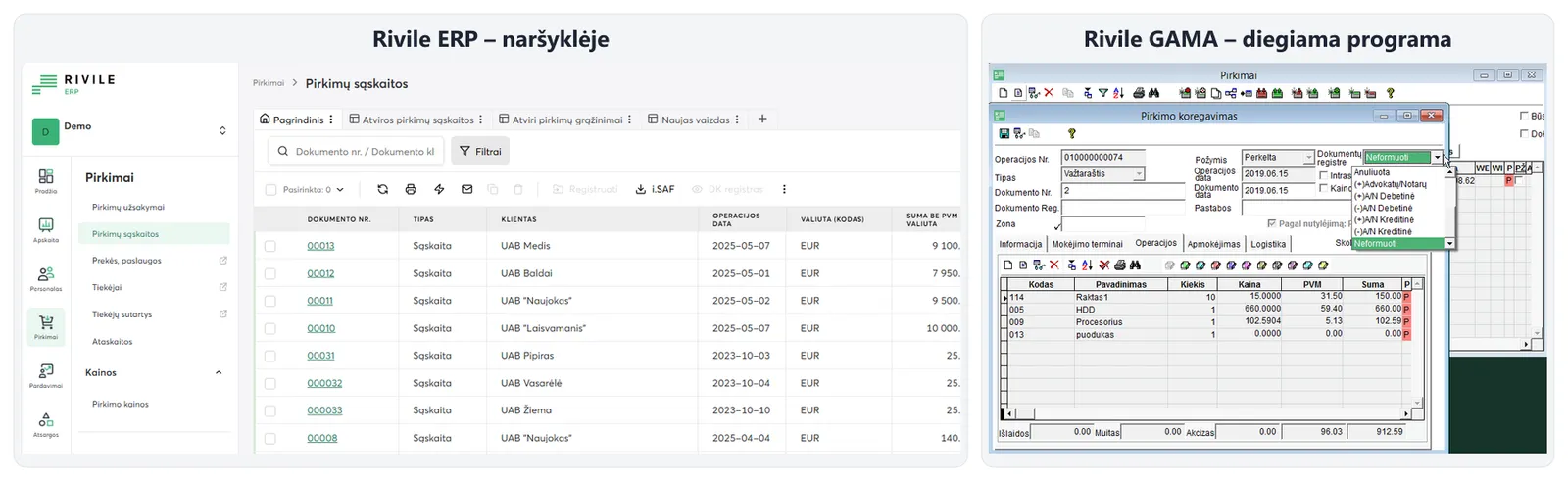 Two Rivile systems side by side: on the left, Rivile ERP in the browser with a list of purchase invoices and a side menu; on the right, the Rivile GAMA Windows program with a purchase editing window and transaction lines (training data)