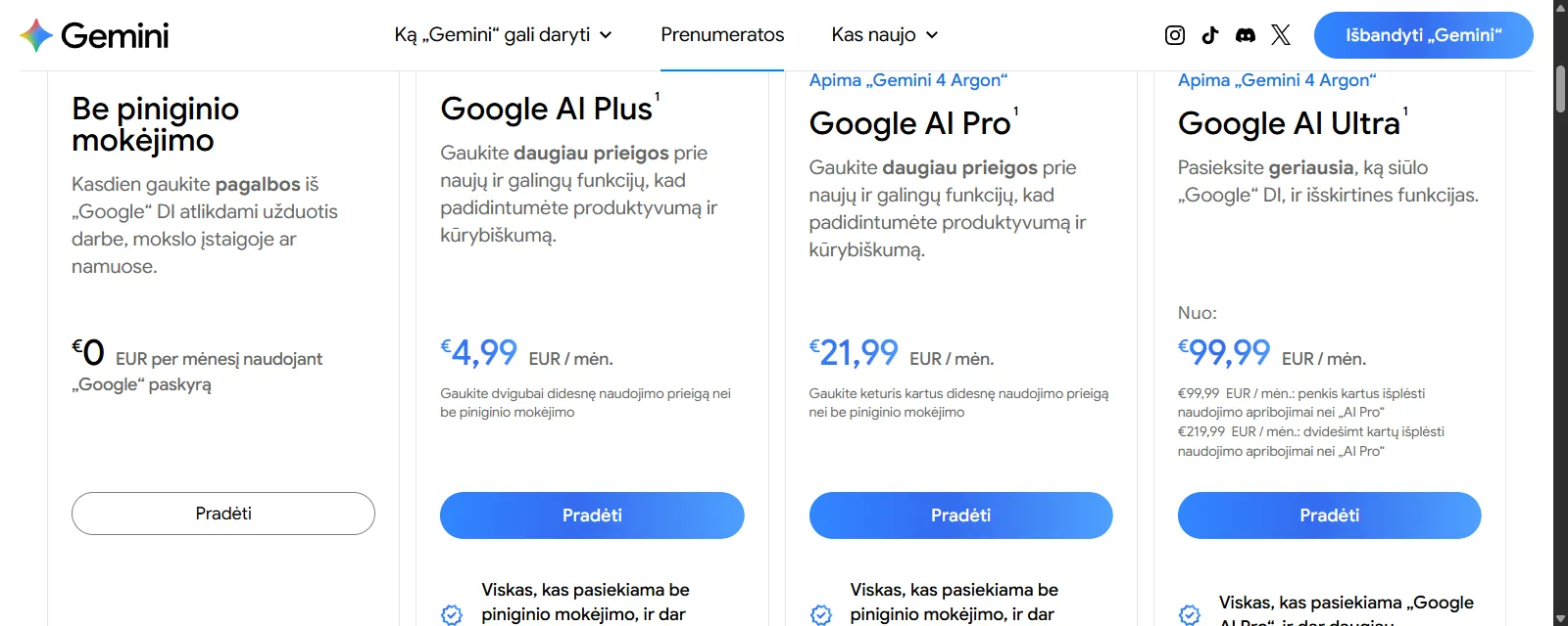 Google AI planų puslapis Lietuvai: be piniginio mokėjimo 0 €, Google AI Plus 4,99 €, Google AI Pro 21,99 €, Google AI Ultra nuo 99,99 € per mėnesį