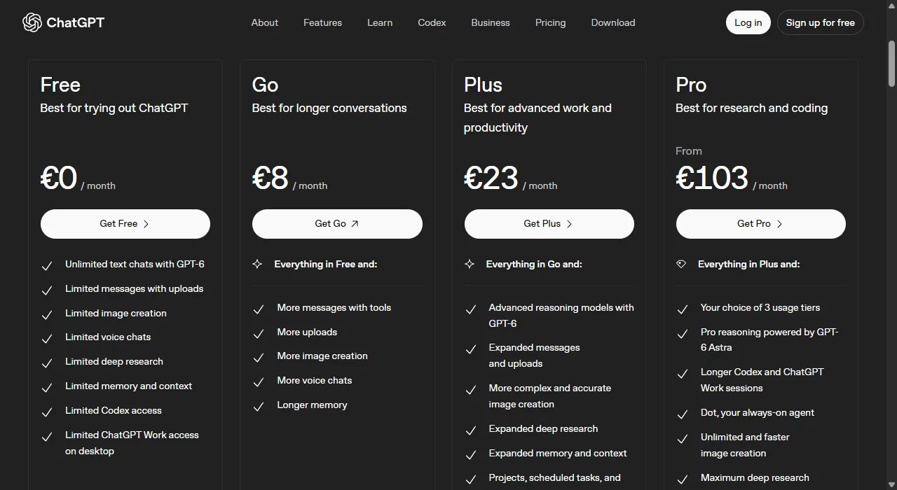 ChatGPT kainų puslapis, atidarytas iš Lietuvos: Free 0 €, Go 8 €, Plus 23 €, Pro nuo 103 € per mėnesį ir kiekvieno plano galimybių sąrašas